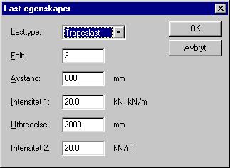 G-PROG BETONG Stålbjelke Side 43 Dialogboks for last Du kan også få opp denne ved å dobbeltklikke på en last. Lasttypen kan være jevn last, trapeslast, punktlast eller momentlast.