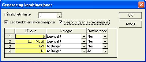 Side 44 G-PROG BETONG Stålbjelke Her velger du alle relevante data for å generere kombinasjoner. Du velger pålitelighetsklasse for hele beregningen, og Kategori og Dominerende for hvert lasttilfelle.