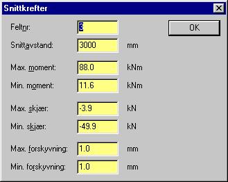 G-PROG BETONG Stålbjelke Side 47 3.11.2 Snittkrefter grafisk Dialogboks for et snitt Her vises alle snittkreftene og forskyvningene grafisk.