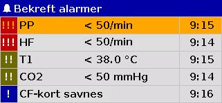 Alarm- og hendelsehåndtering Alarmer Alarmene er delt inn i høy (!!!), medium (!!) og lav (!) prioritet. Disse alarmtypene skilles akustisk med ulike alarmtoner.
