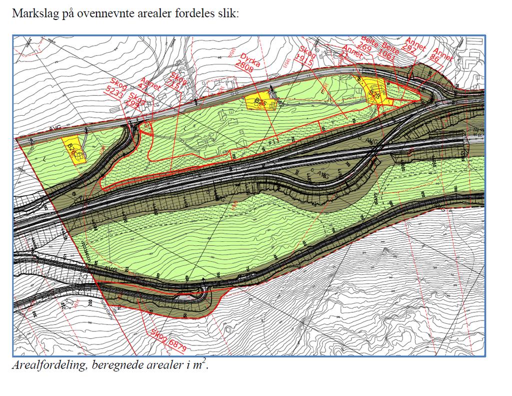Totalt vil endringene innebære at arealet som tas i bruk til vegformål (Samferdselsanlegg og teknisk infrastruktur kjøreveg og annen veggrunn) øker med 7,5 daa, hvorav 6,9 ifbm skogsbilvegen.