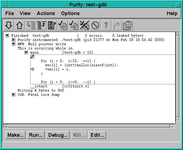 Programmet purify Dette kommersielle programmet legger inn alle mulig tester som blir utført under kjøringen: maskin navn> purify cc test-gdb.c -o test-gdb Purify 4.