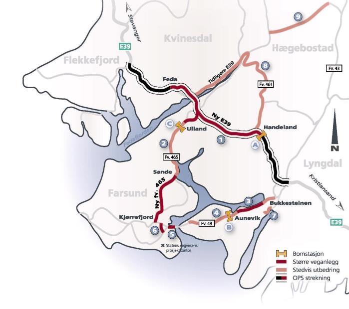 2 800 millioner kroner, er omtrent halvparten rettet mot tiltak på E39, mens de resterende midlene er fordelt på fylkesvegnettet, med hovedfokus på Fv 43 og Fv 465.