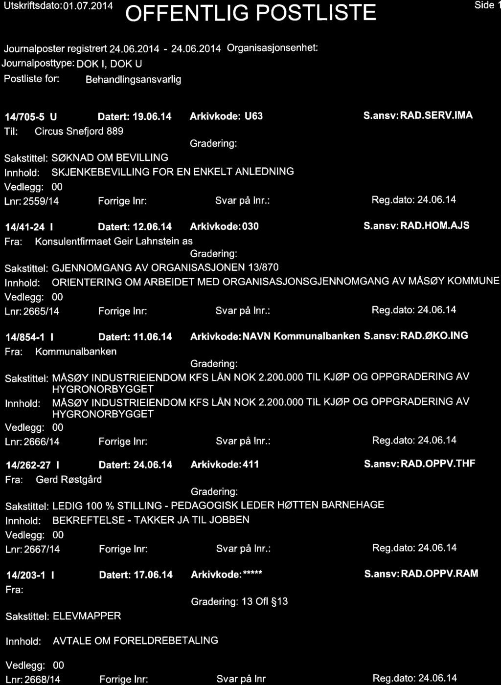 Utskriftsdato : 01.07.20 1 4 OFFENTLIG POSTL STE Side 1 Jou rnal poster reg istrert 24.06.20 1 4-24.06.201 4 Organisasjonsen h et: Journalposttype: DOK l, DOK U l4l705-5 U Til: Circus Snefjord 889 Datert: 19.