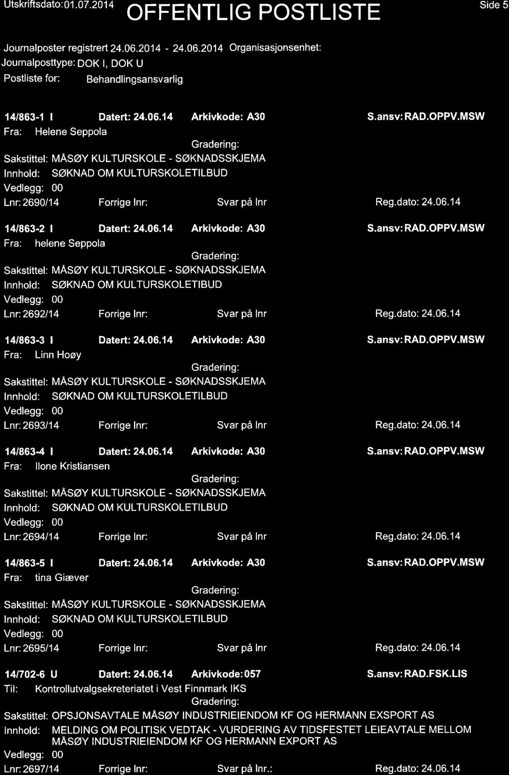 Utskrift sdato : 01.07.201 4 Side 5 J ourn al poster reg istreft 24.06.20 1 4-24.06.201 4 Orga n isasjonsen het: '141863-1 I Datert:24.O6.