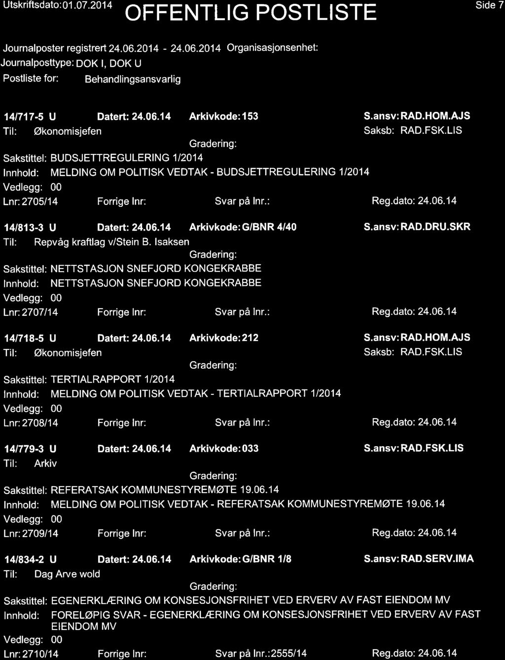 Utskriftsd ato : 01.07.201 4 Side 7 Jou rnal poster reg istrert 24.06.201 4-24.06.201 4 Orga nisasjonsen het: Journalposttype: DOK l, DOK U 1417'17-5 U Datert: 24.06.14 Arkivkode:í53 S.ansv:RAD.HOM.