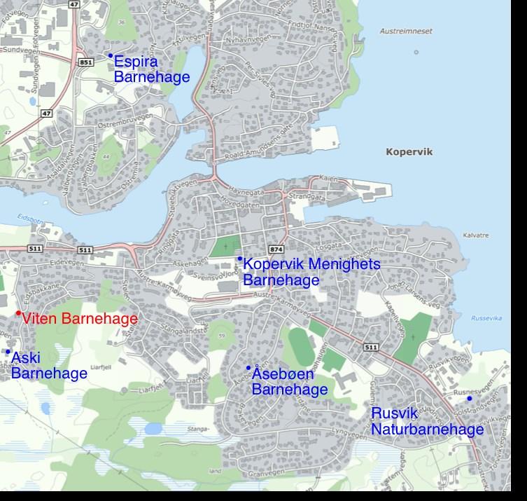 Planområde tilhører sone 3. Det er her 5 private( merket blått) og 1 kommunal (merket rød) barnehage. Skisse nedenfor viser plassering.