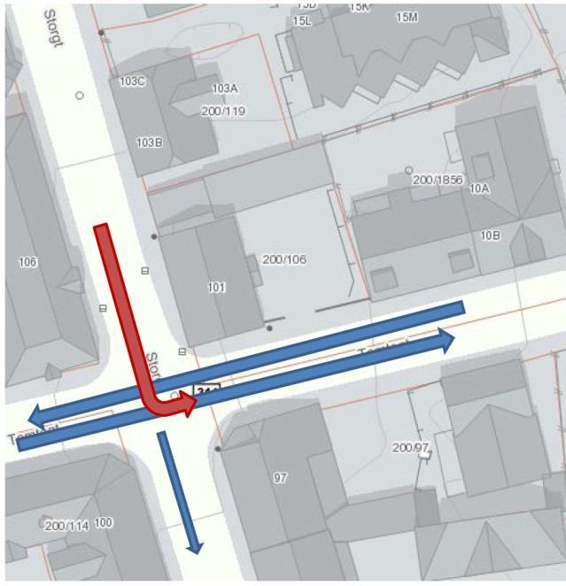 Noen vil svinge inn i Storgata fra Tomtegata, men her kan trafikken fordeles seg på de