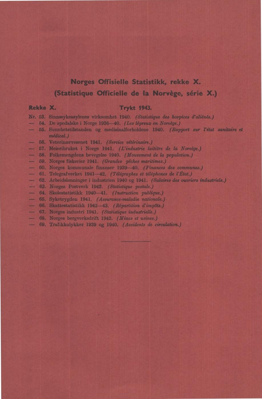 Norges Offisielle Statistikk, rekke X. (Statistique Officielle de la Norvége, série X.) Rekke X. Trykt 9. Nr.. Sinnssykeasylenes virksomhet 90. (Statistique des hospices d'aligngs.). De spedalske i Norge 9 0.