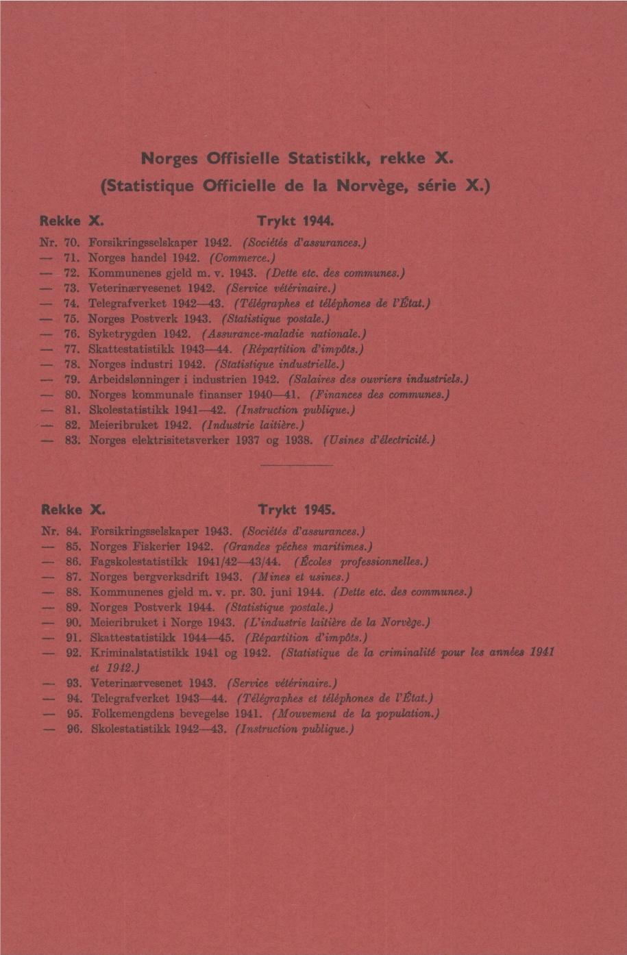 Norges Offisielle Statistikk, rekke X. (Statistique Officielle de la Norvége, série X.) Rekke X. Trykt 9. Nr. 70. Forsikringsselskaper 9. (Sociétés d'assurances.) 7. Norges handel 9. (Commerce.) 7. Kommunenes gjeld m.