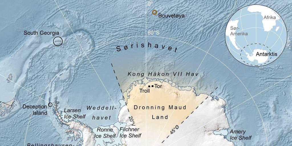 Ill. 3: Kart over Antarktis som viser viktige havområder og isbremmer. Ill.