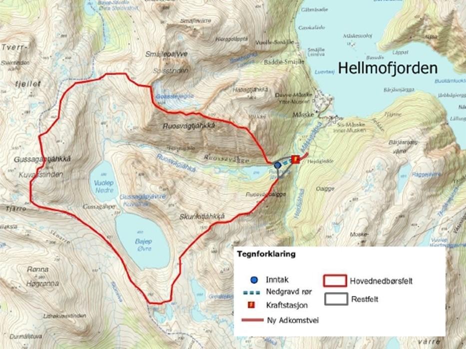 Figur 4. Kraftverket vil hente vann fra et nedbørsfelt på 15,5 km² (fra konsesjonssøknad). Tabell 1 Hoveddata for Roussevagge kraftverk (fra konsesjonssøknad).