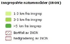 Inngrepsfrie naturområder i Norge (INON) ( ) Utbyggingen vil medføre noe tap og omklassifisering av INON.