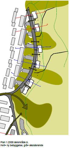 (støynivå og ulykkessteder på E8. Kilde: byutvikling) Forslaget innebærer adkomstmuligheter til marka mellom fremtidige blokkene.