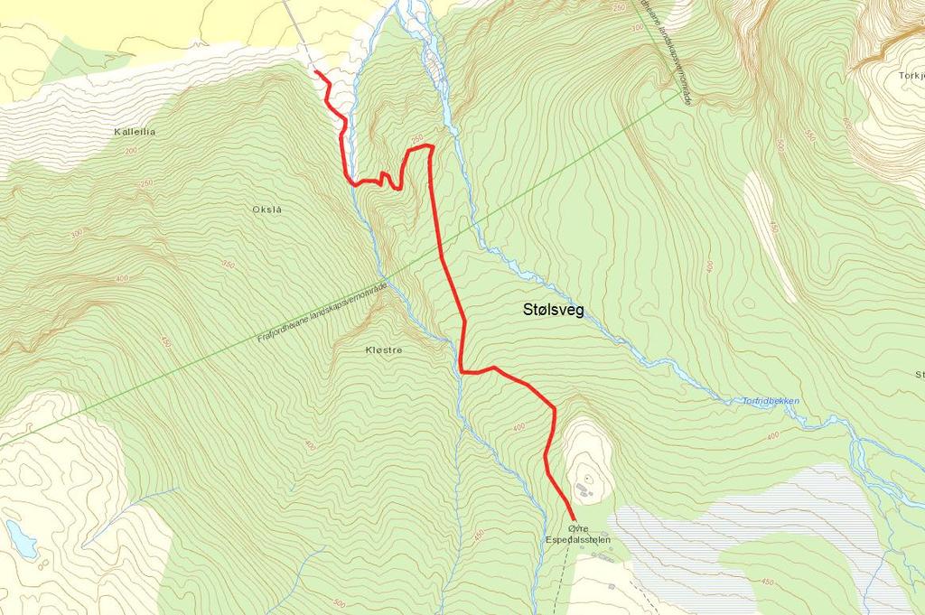 Side 3/6 Kart over kjøretrase langs stølsvegen til Øvre Espedalsstøl Bilete frå