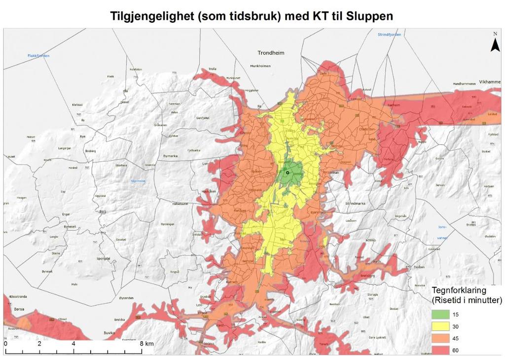 Kart over tilgjengelighet med sykkel fra Sluppen