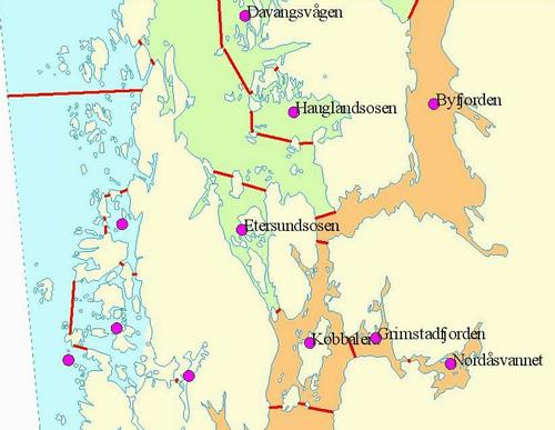 Figur 2. Oppdeling av sjøområdene i Fjell i vannforekomster etter Fjordkatalogens inndeling. Figure 2.