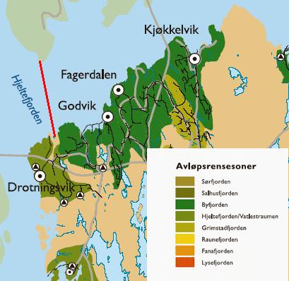 Grensen mellom resipientområdet Byfjorden og Hjeltefjorden (fra Bergen kommune sin hovedplan for avløp og vannmiljø 25-215).