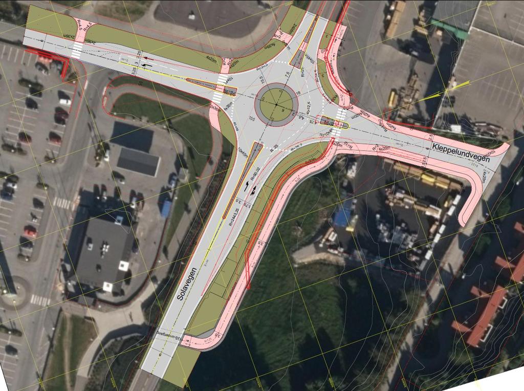 Rundkjøring Solavegen Jærhagen, plan 1820 Side 9 Figur 4-2 Illustrasjon som viser bredder og forholdet til eksisterende situasjon Det er regulert inn 1,0 meter med annen veggrunn langs gang- og