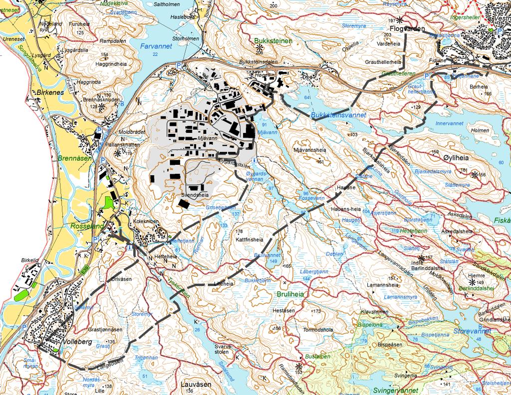 Dagens situasjon: Kartet viser dagens situasjon med eksisterende veier, bebyggelse, turstier, skog, mark og vassdrag. Sort strek er arealet det er varslet oppstart på.