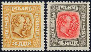 : 3685 3 og 4 aur dobbelthoder 1915-18. Postfrisk. Island Best.nr.