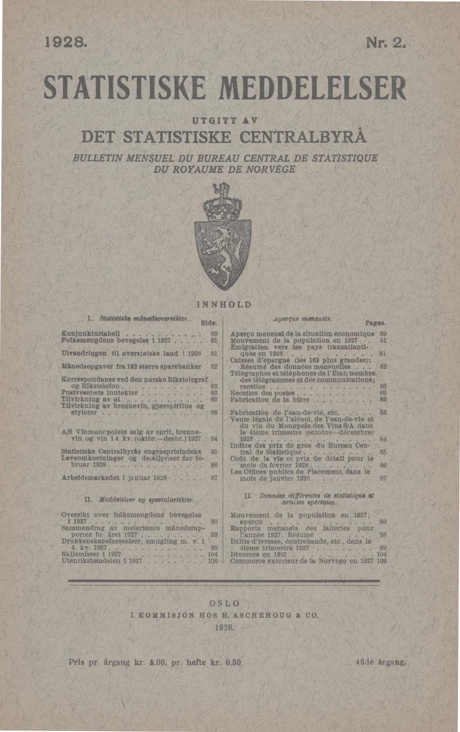 I928. Nr.2 STATISTISKE MEDDELELSER UTGITT AV DET STATISTISKE CENTRALBYRÅ BULLETIN MENSUEL DU BUREAU CENTRAL DE STATISTIQUE DU ROYAUME DE NORVÈGE INNHOLD. Statistiske mdnedsoversikter.