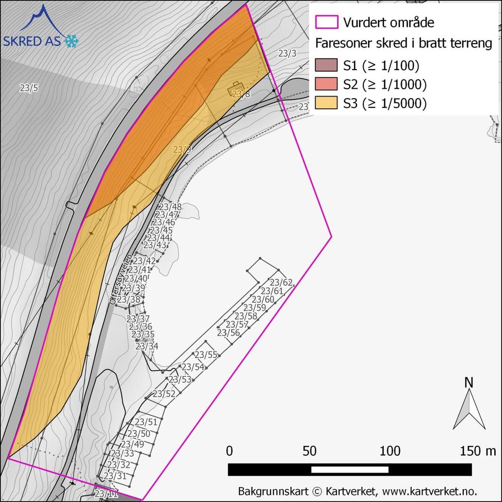 Figur 12: Faresone for skred med årlig sannsynlighet 1/1000. 4.