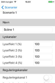 Appmenyen <Scenarioer> scenario. Du kan stille inn følgende verdier: Lyseffekt: 0 til 100 % Reguleringskanal 1 og 2: på ( ) og av.