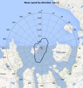 Relativ vannflux av spredningsstrøm (67 m) vist i strømrosett (Holm, strømrapport