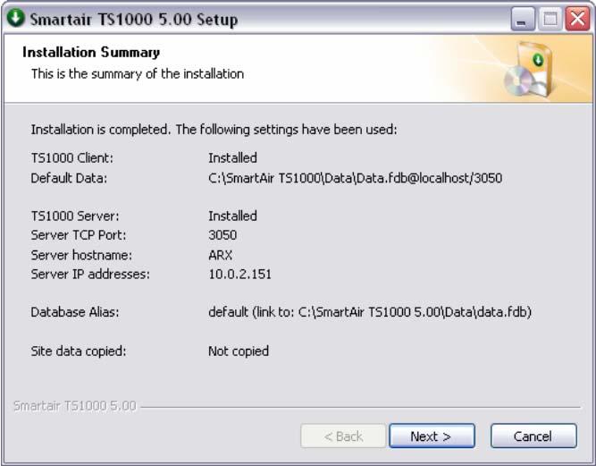Installasjonsmanual TS-1000 5.02 Bilde viser resultatet av installasjonen. Trykk Next.