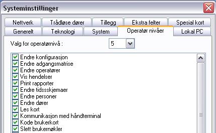 Brukermanual TS 1000 5.0X 14.4 Operatørnivåer 2.05 2.05 Operatørnivåer I programmet kan det forhåndsdefineres 5 forskjellige operatørnivåer med tilhørende rettigheter.