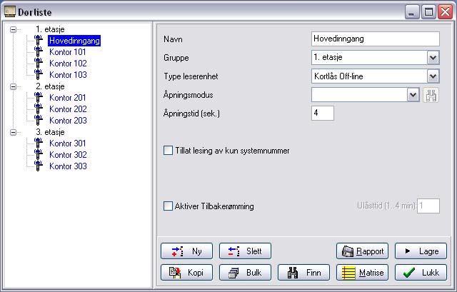 Brukermanual TS 1000 5.0X 15 Legge inn dører Velg i hovedmenyen. 3.01 3.02 3.03 3.07 3.04 3.05 3.06 3.01 Navn 3.02 Gruppe 3.03 Type leserenhet 3.04 Dørinnstilling 3.05 Åpningstid 3.