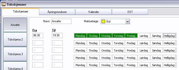 Brukermanual TS 1000 5.0X 17.1 Skjemaer for adgang Man kan definere inntil 14 tidsskjemaer for adgang og hvert skjema kan ha 5 perioder. Skjemaene knyttes til personer og dører i adgangsmatrisen.