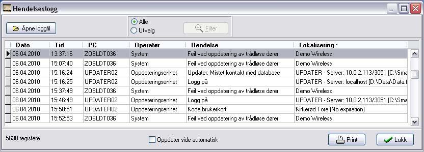 Brukermanual TS 1000 5.0X 23 Operatørlogg Velg i hovedmenyen. Her kan man se og printe ut systemhendelser som lagres på PC.