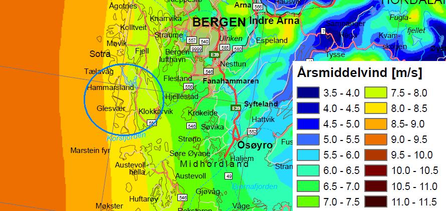 Figur 6.1 Vindkart[5] Spillvarme Biomega AS på Skaganeset nyttar spillvarme frå bioraffineringsprosessane til oppvarming av fabrikklokala sine.