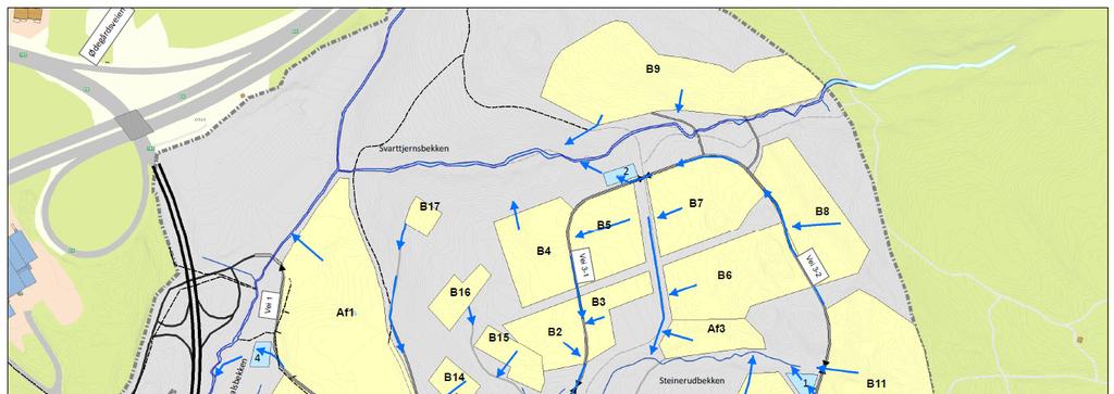 Vei 3 Vei 1 Vei 2 Figur 1: Oversikt over håndtering av avrenning på grunn av nedbør opp til 20-årsregn.