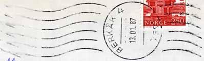 Stempel nr. R1 Type: RN Utsendt: BERKÅK 4 7391 Registrert brukt 13.01.87 IWR.