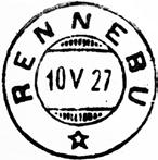 1919. Stempel nr. 1 Type: IV Utsendt 15.03.1915 340 Innsendt 20.02.1919 RENNEBU Nytt RENNEBO poståpneri, i Rennebo prestegjeld, Orkedalen fogderi, ble opprettet ved Kgl.res. 12.9.1868 med virksomhet fra 15.