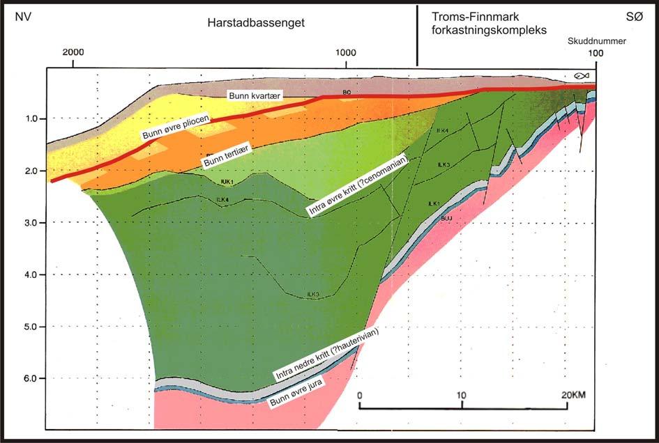 Innledning Kapittel 1 Figur 1-2: Tolkning av seismisk linje med stratigrafi for studieområdet utarbeidet av Gabrielsen et al. (1990).