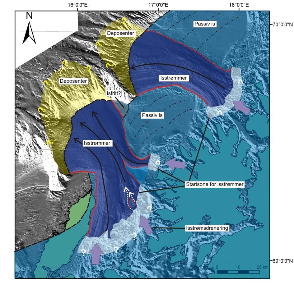 Diskusjon Kapittel 6 Figur 6-25: Modell for isens dynamikk under siste glasiale maksimum. Isdekte områder er markert med blå farger, der mørk blå indikerer områder med isstrømmer.