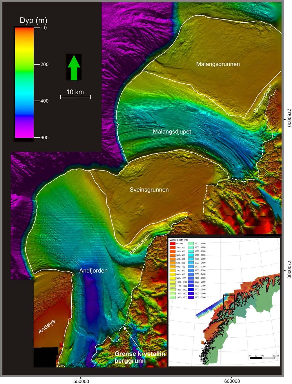 Geomorfologi Kapittel 4 Figur 4-1: Oversiktsfigur som viser underinndeling av kontinentalhylla i Andfjorden, Fallbakdjupet, Sveinsgrunnen, Malangsdjupet, Malangsgrunnen og Ringvassdjupet.