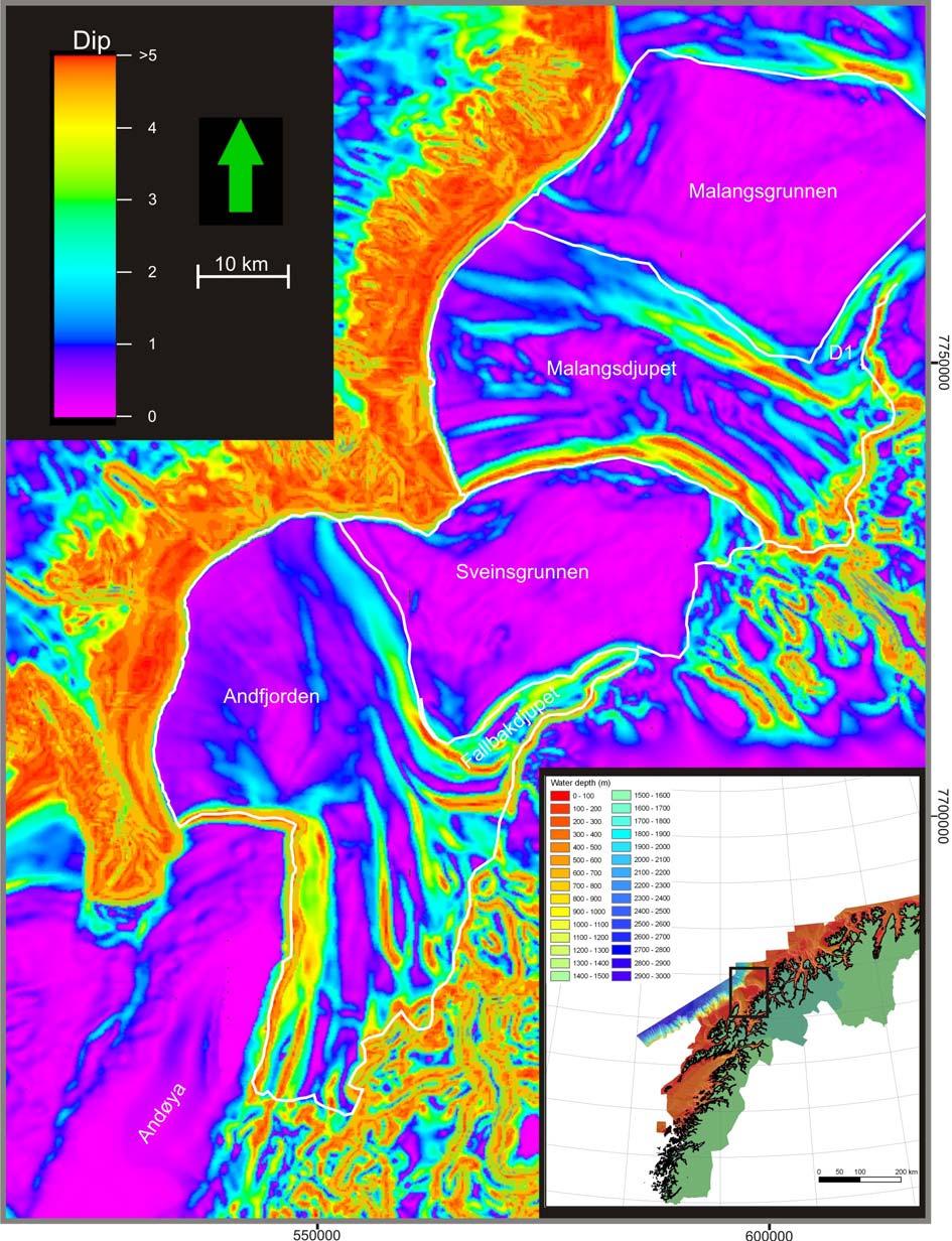 Geomorfologi Kapittel 4 Figur 4-2: Dipkart over studieområdet. Bankene er relativt flate områder, det vil si de har en jevn topografi.