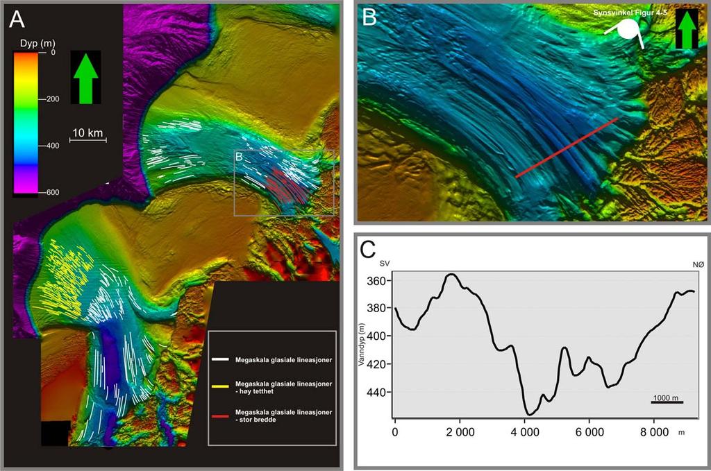 Geomorfologi Kapittel 4 Figur 4-4: A: Oversiktsbilde over kontinentalhylla med linjer som angir megaskala glasiale lineasjoner i trauene. B er innrammet.