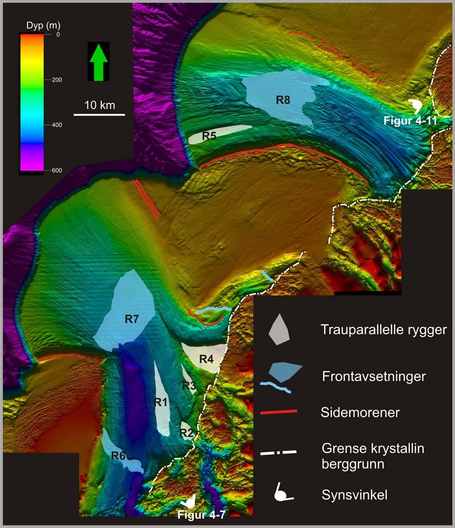 Geomorfologi Kapittel 4 Figur 4-6: Oversiktsbilde over kontinentalhylla der trauparallelle rygger, frontavsetninger i trauene, og sidemorener er indikert.