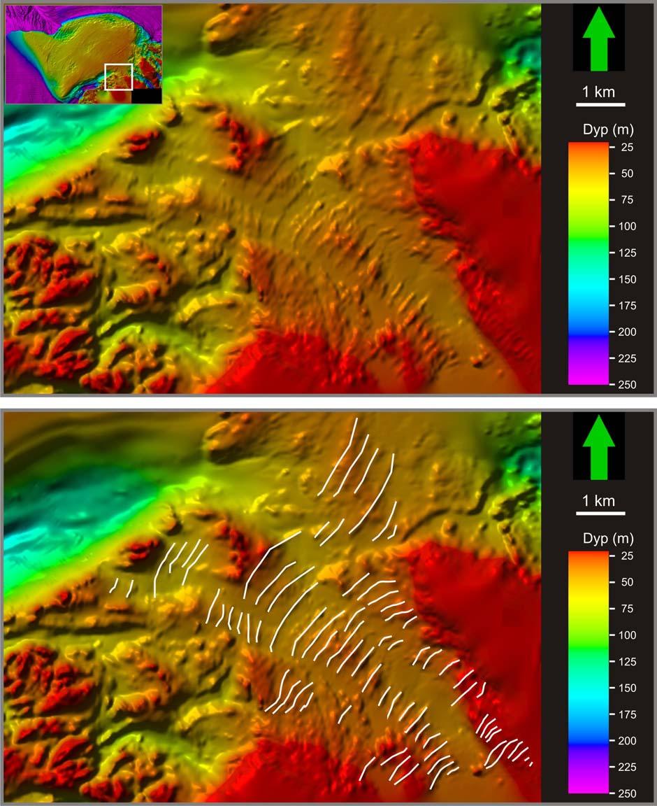 Geomorfologi Kapittel 4 Figur 4-14: Forstørret del av havbunnen sør for Sveinsgrunnen der De Geermorener forekommer.