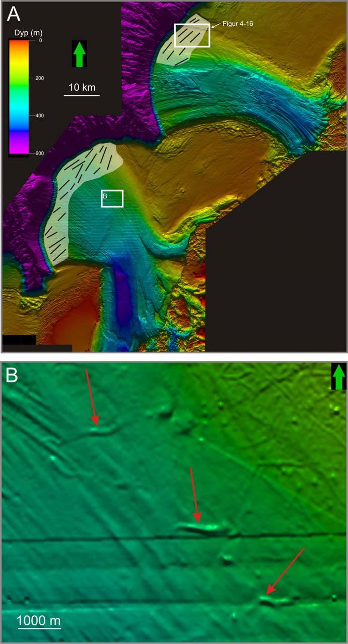 Geomorfologi Kapittel 4 Figur 4-15: A: Oversiktskart over kontinentalhylla der områder som er dominert av pløyespor med tydelig orientering i trauene er markert med hvitt.