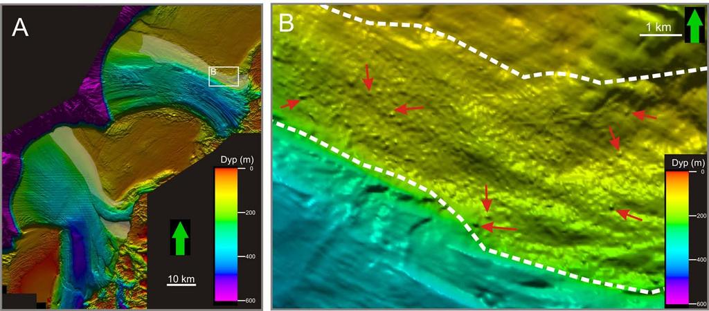 Geomorfologi Kapittel 4 Figur 4-21: A: Oversiktsbilde over studieområdet der områder med høy tetthet av pockmarks er skravert med hvitt.