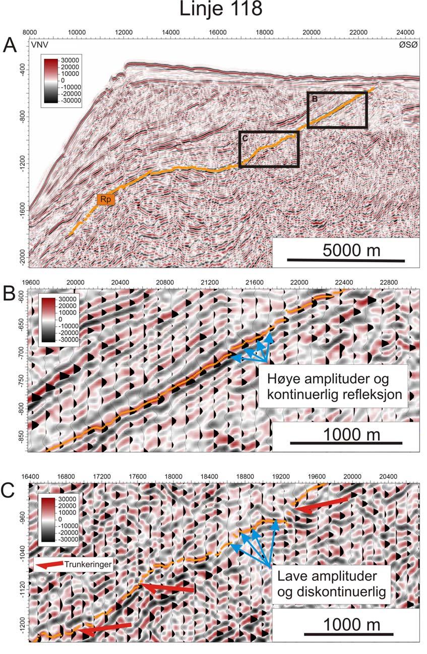 Seismisk stratigrafi Kapittel 5 Figur 5-4: Eksempler på amplitude og kontinuitet av refleksjonen fra Rp. A: Seismisk linje 118 i Malangsdjupet. B og C er innrammet.