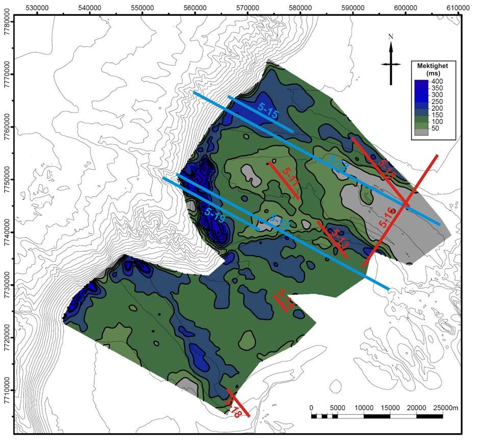 Seismisk stratigrafi Kapittel 5 Figur 5-10: A: Isopakkart som viser mektigheten i ms mellom URU og havbunnen (enhet S2). Deler av seismiske linjer som er vist i kapittel 5.2.2 er indikert med figurnummer.