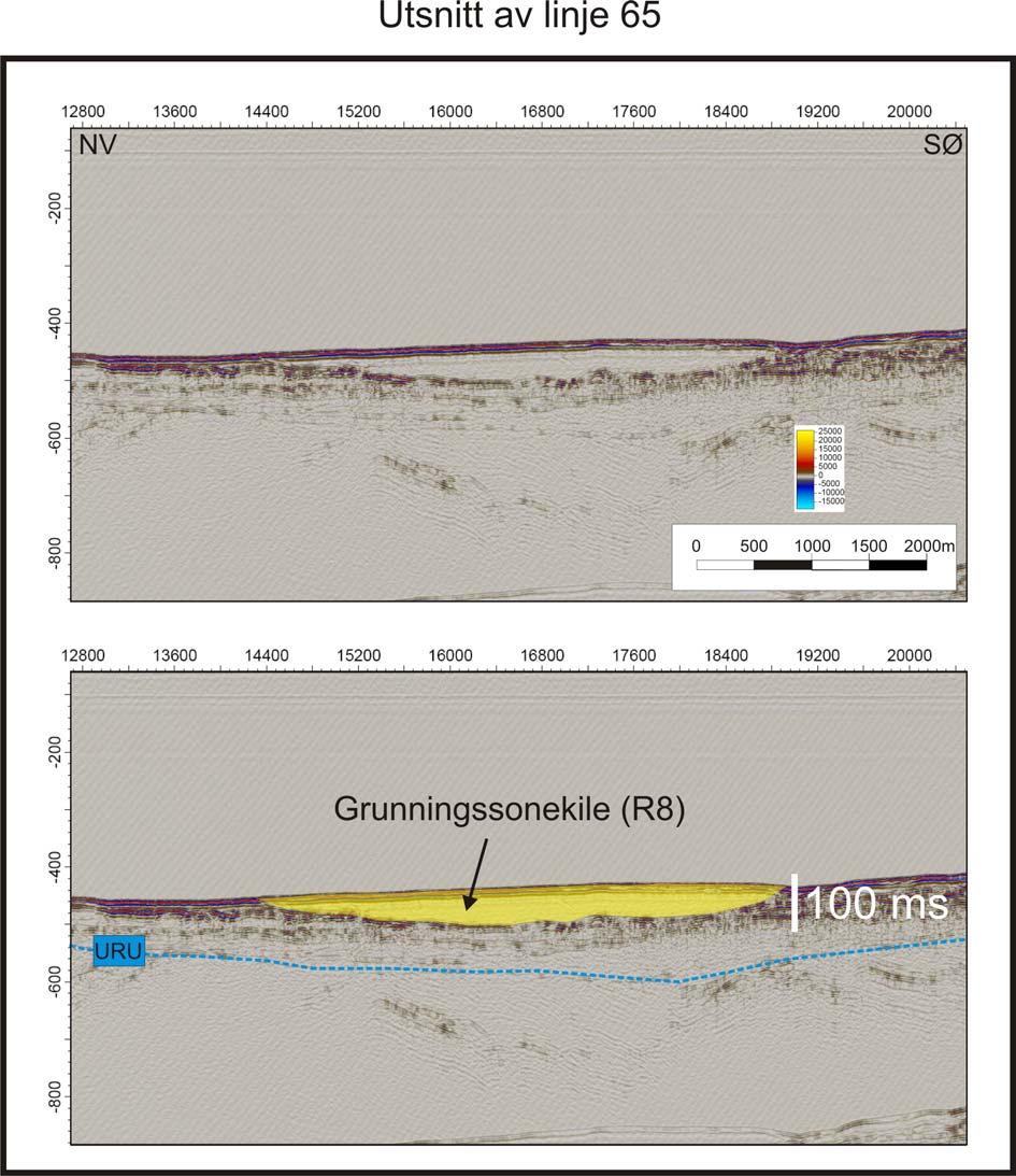 Seismisk stratigrafi Kapittel 5 Figur 5-11: Del av høyoppløselig linje 65 som viser at frontavsetning R8, som går på tvers av Malangsdjupet, har en transparent seismisk karakter.